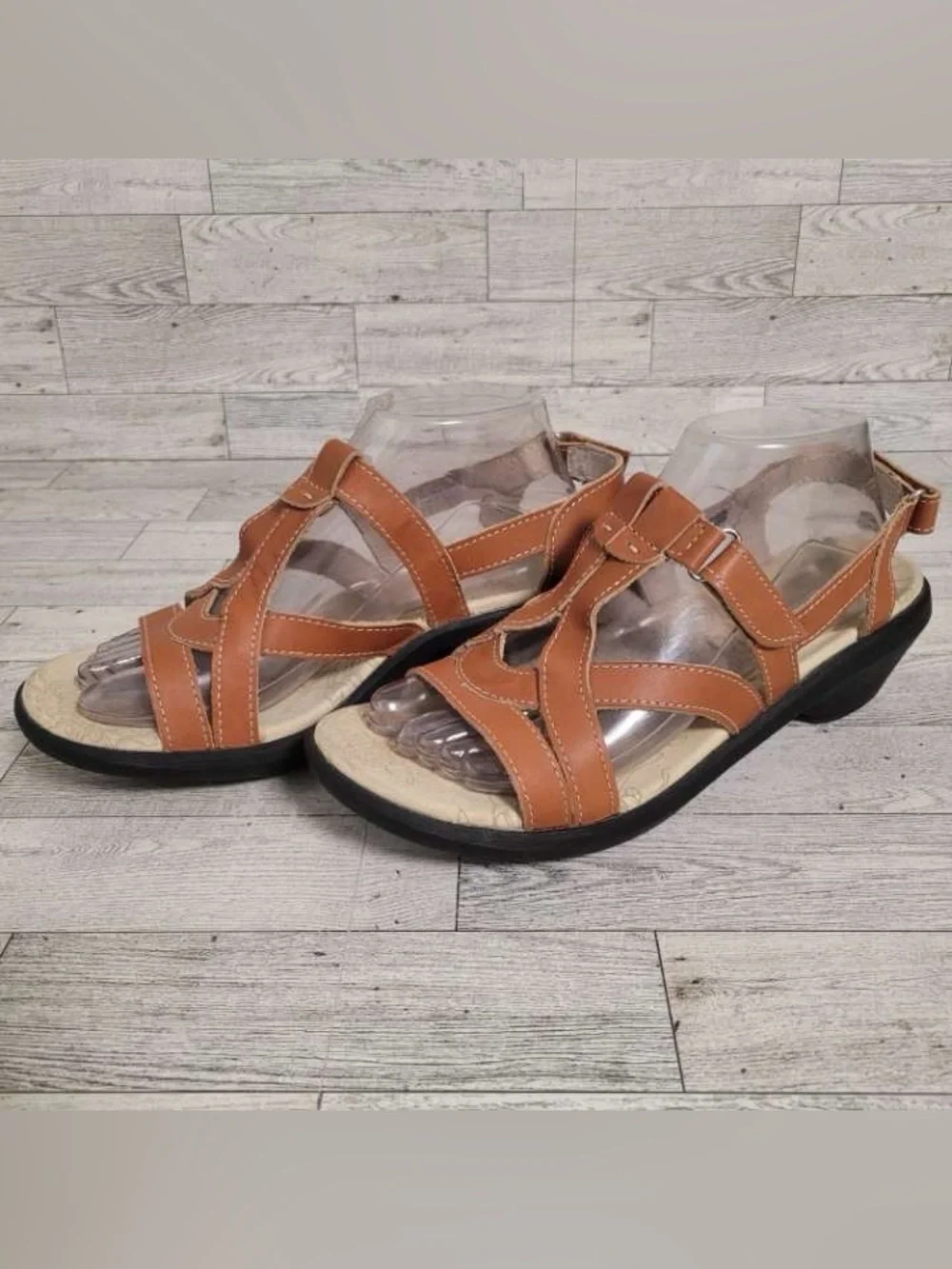 Women’s Spenco Medical Brown Leather Strappy Wedge Sandals Clogs Size 9